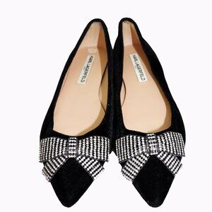 🎀 KARL LAGERFELD Black VELVET Damiaz BALLERINA FLATS RHINESTONE BOWS 7  🎀
